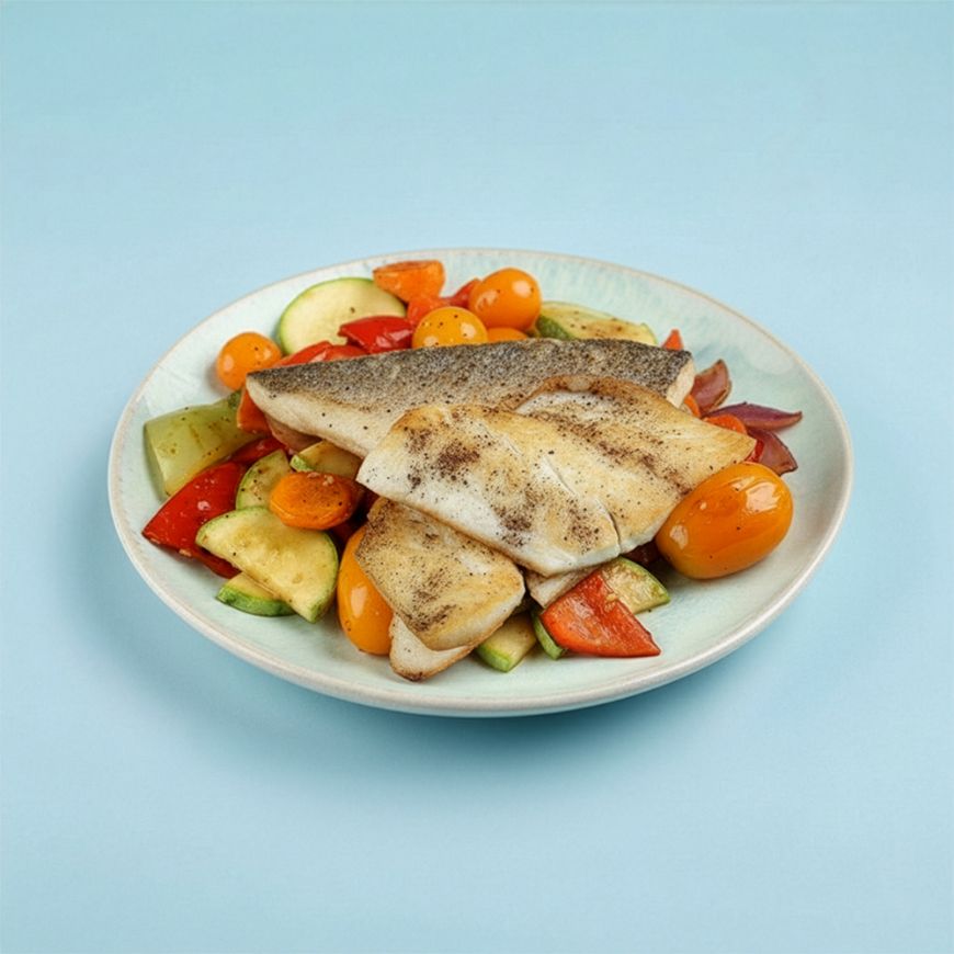 სურათი შემწვარი სიბასის ფილე 150 გ, ბოსტნეულის გარნირი